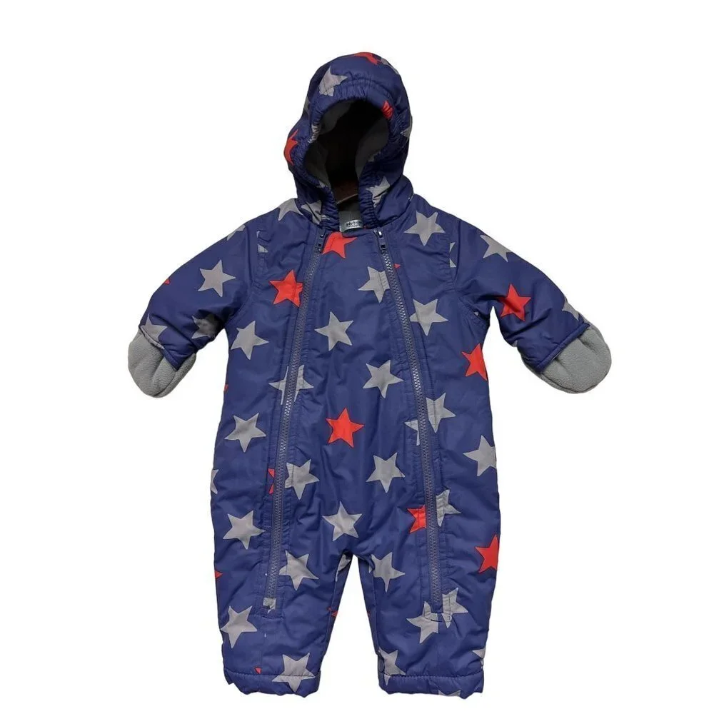Baby Boden Blue Stars Hooded Bunting Snowsuit Fleece Lining Infant Size 3 - 6 Mo
